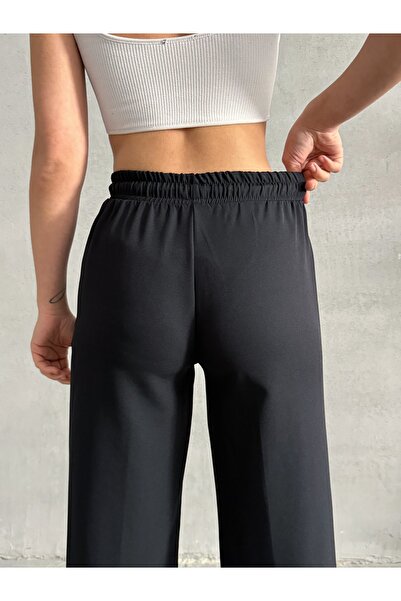 Lusin Dámské stylové žebrované proužky detailní černé kalhoty Palazzo prémiové kvality