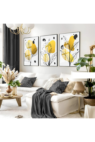 Harika bir ev Hari̇kabi̇rev | Yellow-Grey Leaf Bohemian Set Ii | Framed Glass...