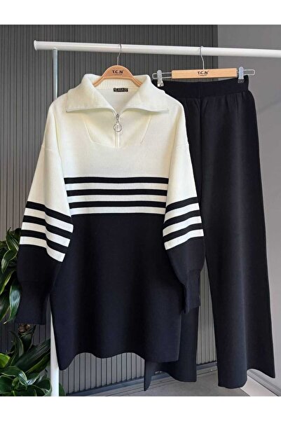 MODA VEDAT Set de tricotaje cu dungi pentru femei, cu fermoar la guler