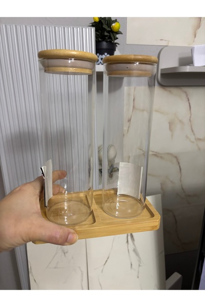 SEVEN7 2li Bambu Altlıklı Kapaklı Silindir Erzak Kavanozu Cam 550ml