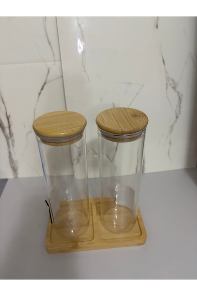 SEVEN7 2li Bambu Altlıklı Kapaklı Silindir Erzak Kavanozu Cam 550ml