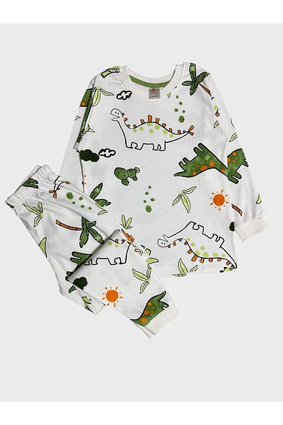 elmas kids Boy's 100% Cotton White Dinosaur Print Long Sleeve Pajamas Set