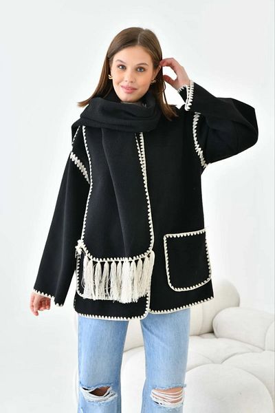 ELİSA Weicher Strick-Cardigan – schwarze Jacke mit Stickereidetails und Schal