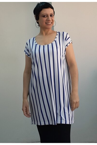 Mertcan Butik Whole Coming Low Sleeve Combed Cotton Viscose T-Shirt with White Civit Blue Navy Stripes