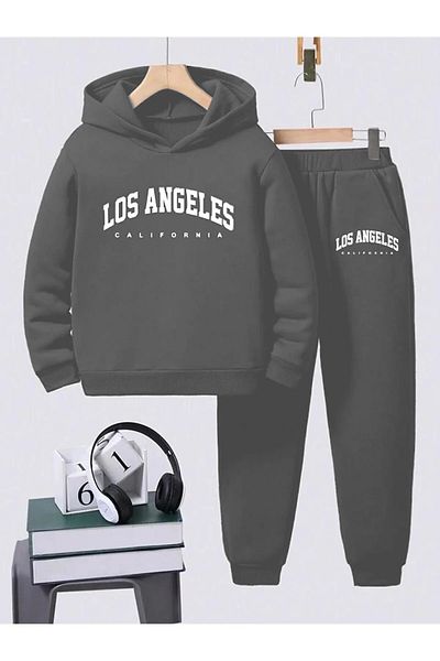 REMESA Unisex Black Hooded Los Angeles Printed Tracksuit Set