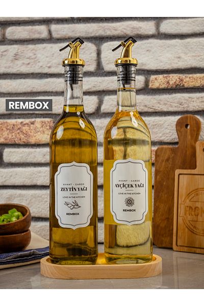 Rembox 750 ml 2-Piece Olive Oil and Vinegar Bottle with Gold Cap and Wooden Stand