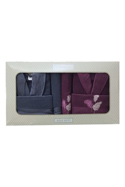 Özdilek Anthracite Plum - Golden Palm Family Bathrobe Set