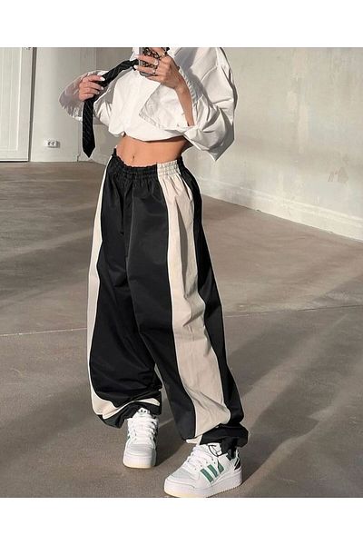 EDVESS Y2K Black Detailed Baggy Parachute Trousers