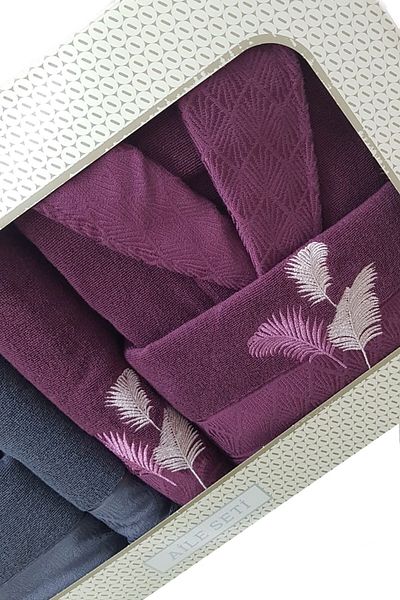 Özdilek Anthracite Plum - Golden Palm Family Bathrobe Set