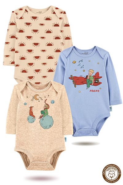 MAHFEL 100% Cotton 3-Piece Organic Printed Snap Fastener Baby Bodysuit