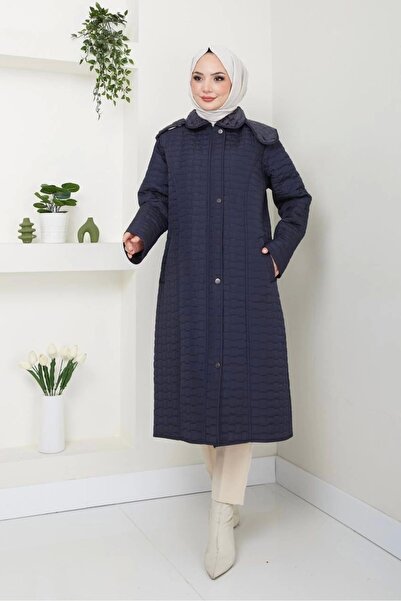 Nevayla Moda İçi Kürklü Kapüşonlu Kaban/Mont - Lacivert