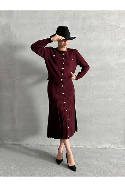 Lusin Claret Red Knitwear kardigán és midi szoknya szett - gombos részlet, S/M