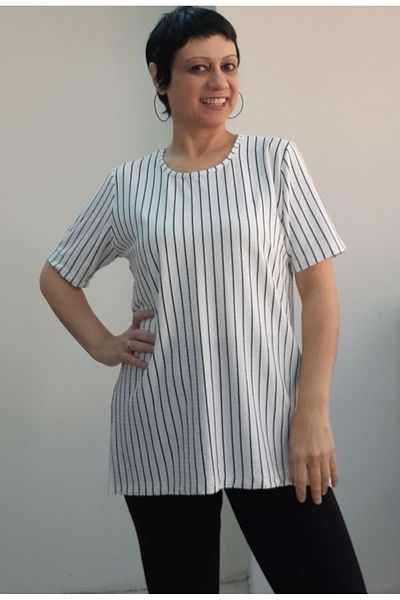 Mertcan Butik White Black Striped Short Sleeve Combed Cotton Viscose T-Shirt