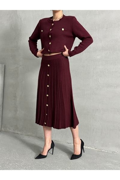 Lusin Claret Red Knitwear kardigán és midi szoknya szett - gombos részlet, S/M
