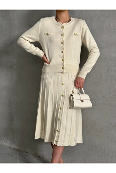 Lusin Ecru női kötöttáru szett - gombos kardigán és midi szoknya S/M