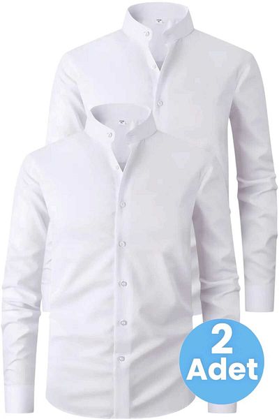 Uniquetrenders Pachet de 2 cămăși pentru bărbați, cu guler curbat, slim fit, respirabile, ușor de călcat