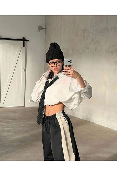 EDVESS Y2K Black Detailed Baggy Parachute Trousers