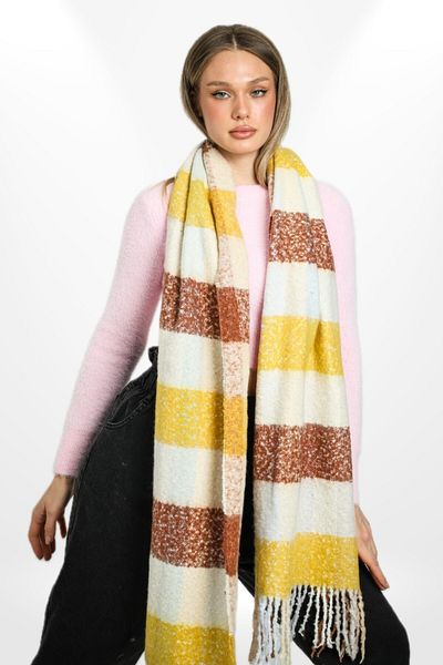 hijabchi Yellow, Coffee and Cream Colored Soft Textured Striped Plaid Pattern Thick Shoulder Shawl Scarf
