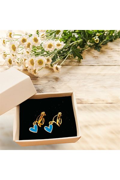 1PARÇAMAVİ Children's Earrings with Blue Mini Heart Clips - Pinch Earrings