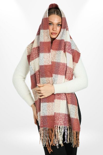 hijabchi Şal cu umăr gros cu dungi cu model în carouri - Dusty Rose - Crem