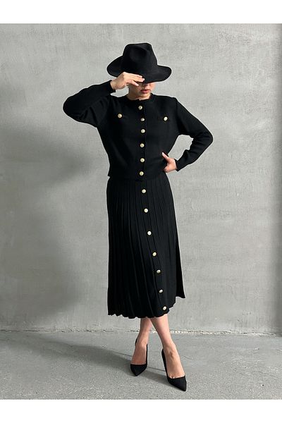 Lusin Black Knitwear Midi Cardigan and Skirt Set - Button Detail S/M