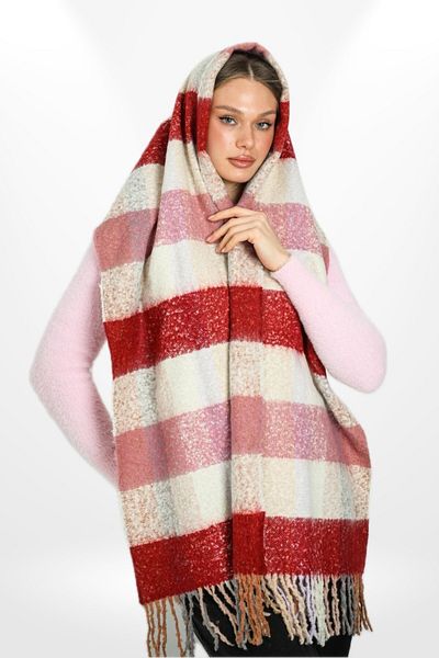 hijabchi Soft Textured Tasseled Striped Plaid Pattern Thick Shoulder Shawl Scarf - Red - Powder - Cream