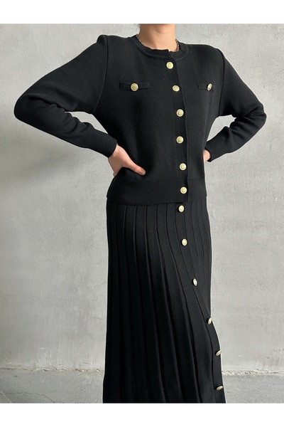 Lusin Black Knitwear Midi Cardigan and Skirt Set - Button Detail S/M