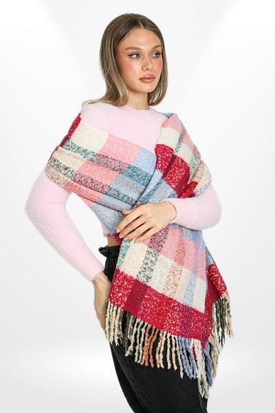 hijabchi Eșarfă cu șal cu umăr gros, cu textura moale, cu dungi în carouri - Albastru - Pudra - Crem