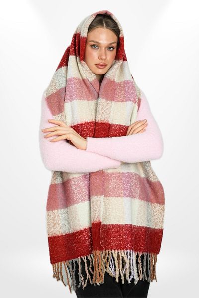 hijabchi Soft Textured Tasseled Striped Plaid Pattern Thick Shoulder Shawl Scarf - Red - Powder - Cream