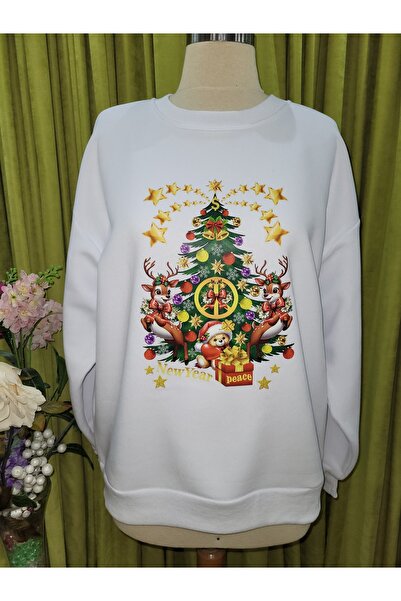Jone Yılbaşı-Christmas Temalı Çam Ağacı ve Geyik desenli Özel Tasarım sweatshirt