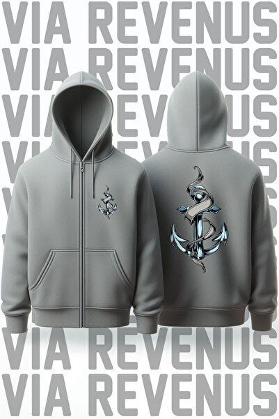 Vordevia سويت شيرت رمادي بغطاء للرأس مطبوع عليه مرساة من الأمام والخلف للجنسين