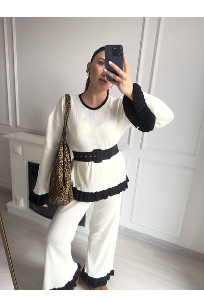 Sobe Women's Ecru Knitwear Suit Oversize Knitwear Suit with Ruffle Sleeves Daily Comfortable White Knitwear Suit