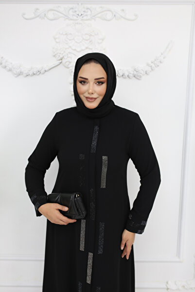 Efelif Siyah Taş Işlemeli Fermuarlı Büyük Beden Kadın Ferace - Ahsen Ferace