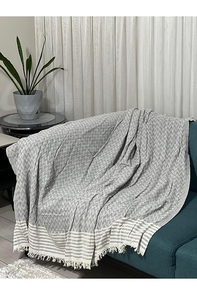 MEKA TEKSTİL 100% Organic Cotton Fringed Sofa Cover 175X215 Gray