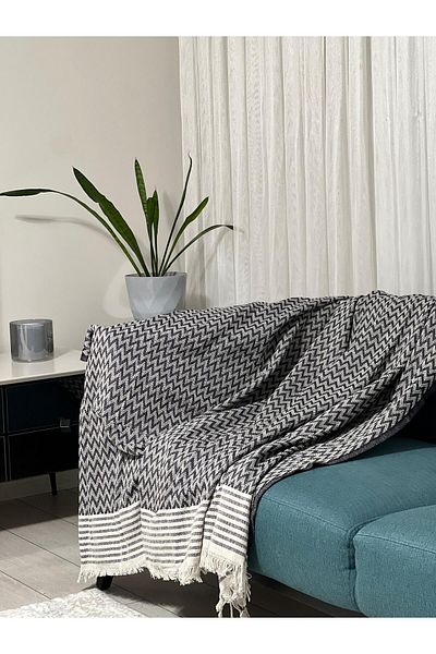 MEKA TEKSTİL 100% Organic Cotton Fringed Sofa Cover 175X215 Black