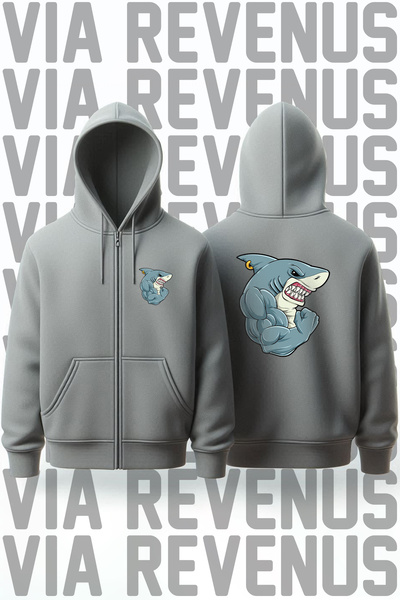 Vordevia Shark Gym, cu imprimeu în față și în spate, unisex, cu fermoar, hanorac gri, cardigan