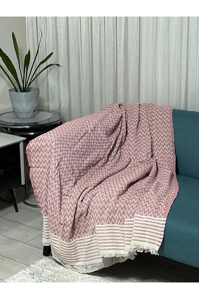 MEKA TEKSTİL 100% Organic Cotton Fringed Sofa Cover 175X215 Pink