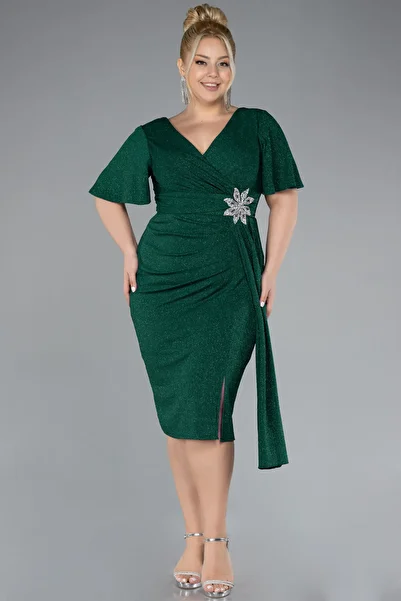 Efelif Emerald Green Short Sleeve Midi Silvery Plus Size Invitation Dress Abk39920
