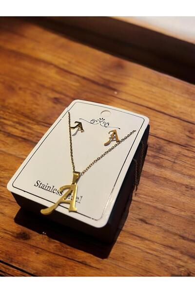 stainles steel Gold Harfli ve Küpeli Kolye (A Harfi)