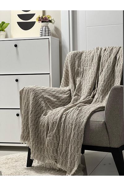 MEKA TEKSTİL 100% Organic Cotton Straw Pattern Fringed Sofa Cover |   Shawl
