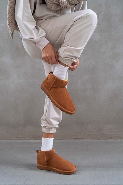 NİŞANTAŞI SHOES Mini Tan Echtes Wildleder Flache Sohle Schafsfell Damenstiefel