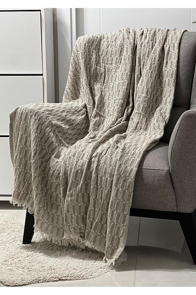 MEKA TEKSTİL 100% Organic Cotton Straw Pattern Fringed Sofa Cover |   Shawl