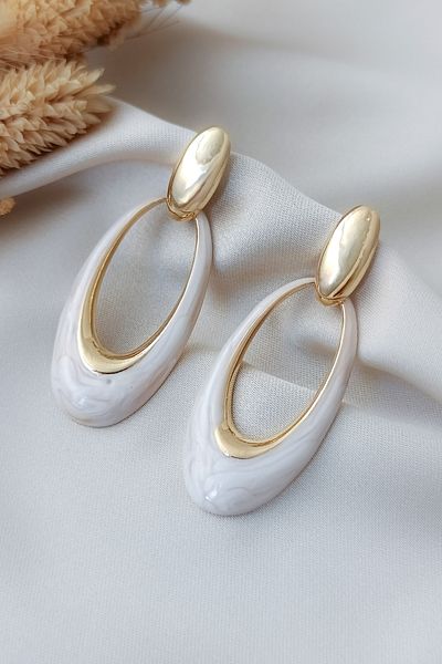 COSİTA White Marble Patterned Modern Earrings with Gold Frame