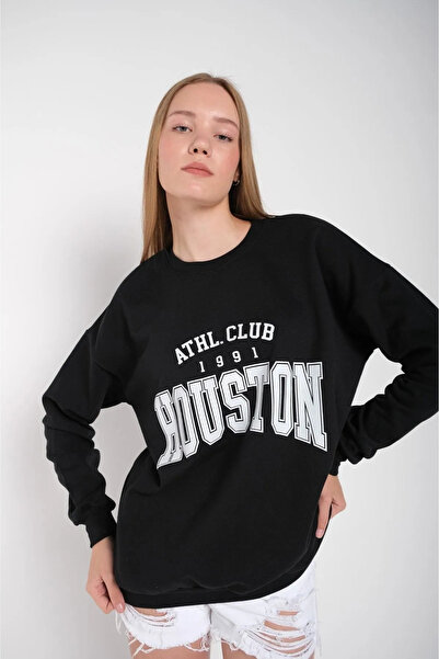 FECCY Hanorac oversize din bumbac pentru femei, cu imprimeu Houston, cu guler...