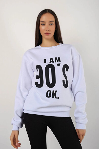 FECCY Hanorac oversize din bumbac imprimat pentru femei, I'm 90's - Decolteu ...