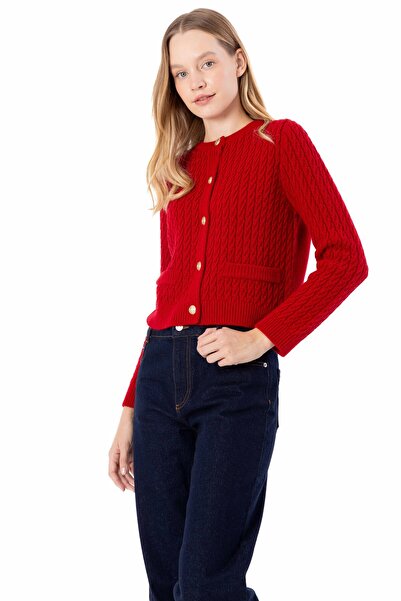 Dexia Breda - Düz ve Düğme Detaylı Triko Hırka  - Kırmızı Renk