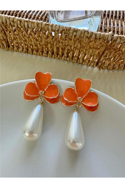 Pelin Aksesuar Orange Drop Pearl Orchid Earrings