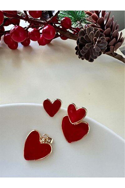 Pelin Aksesuar Red Enameled Ghost Heart Earrings