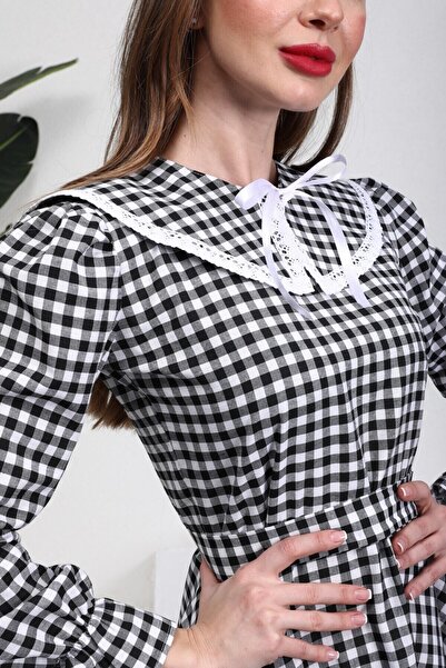 KÜÇÜĞÜM BUTİK Hijab Mobile Collar Gingham Black Dress (Dese-Calk)