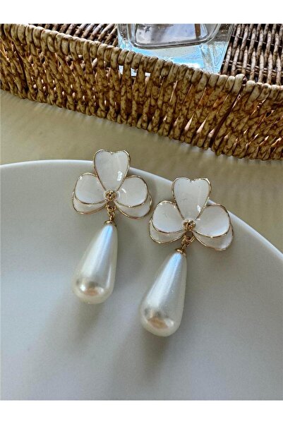 Pelin Aksesuar Beyaz Damla İncili Orkide Küpe